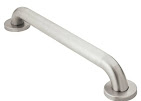 A brushed stainless safety grab bar