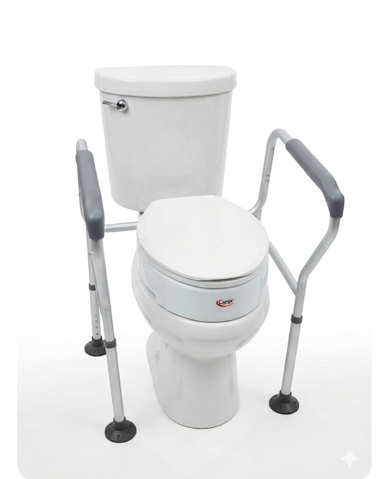 An adjustable toilet safety frame with padded armrests beside the toilet